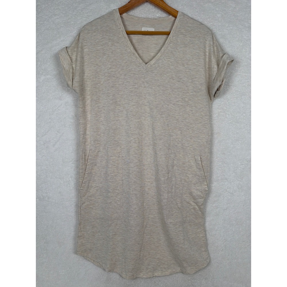 Lou & Grey T-Shirt Dress Womens Medium Beige Signature Soft V-Neck Pocket Mini